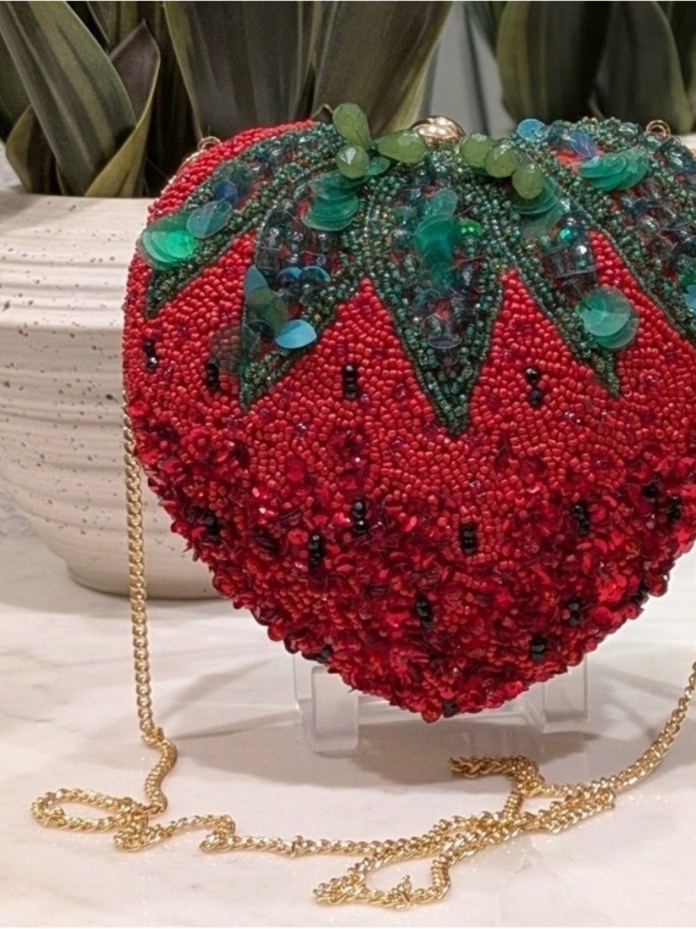 Beaded Red Strawberry Crossbody Bag with Green Leaf Detail